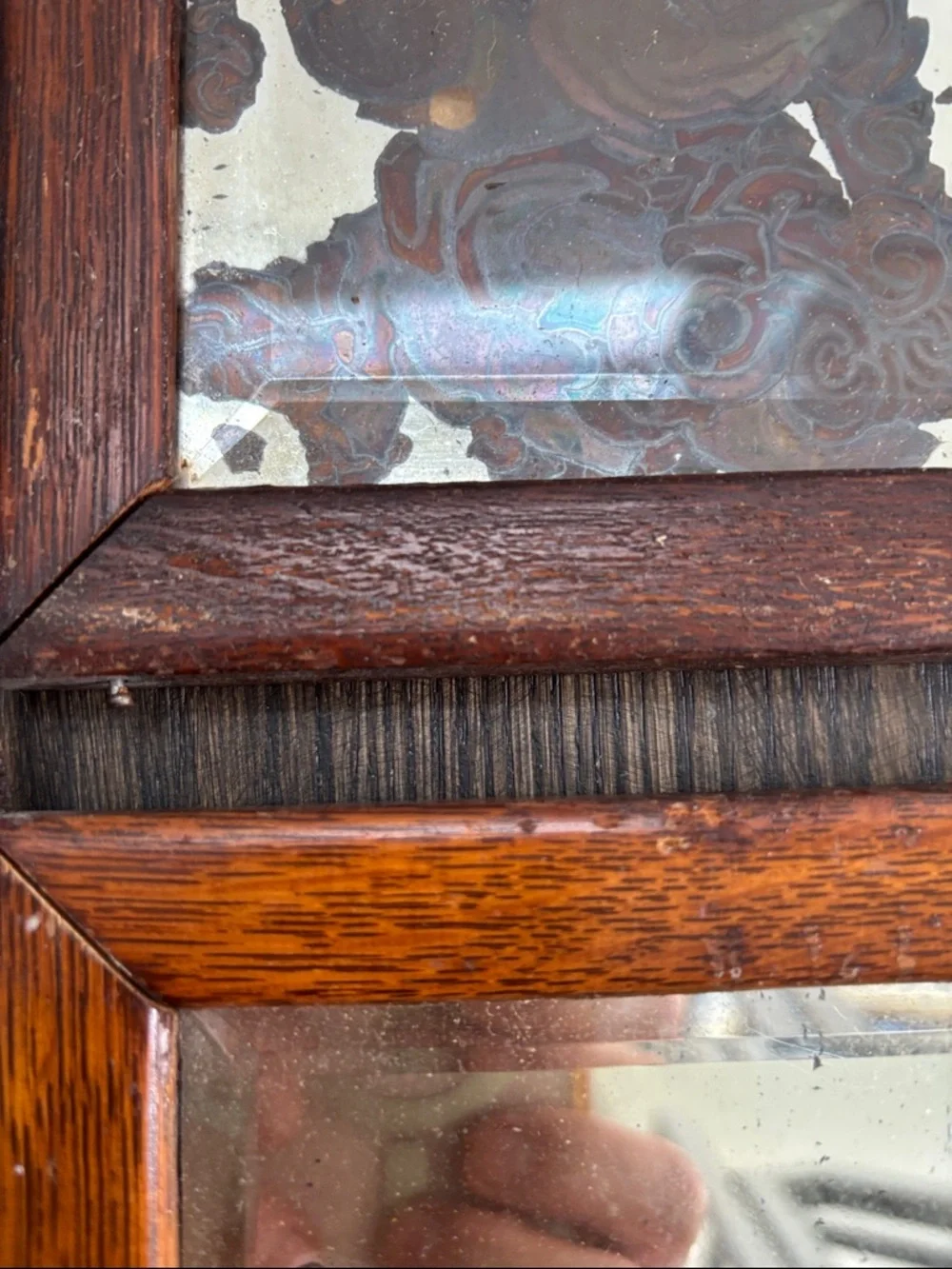 Vintage triple wood framed mirrors, beveled glass,hinges,patina,7.25x7.25” each
